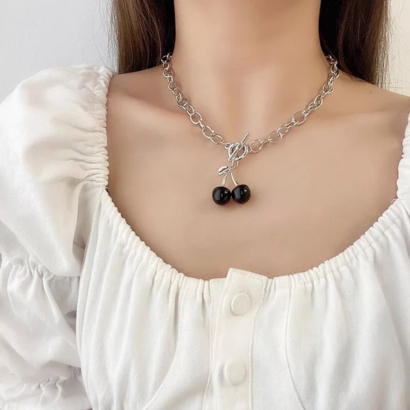 Hand Crafted Jewelry - Black Cherry Silver Chain Choker Necklace